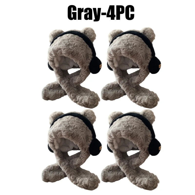 Women's Bear Ear Hat & Scarf Set – Fleece Lined Winter Hood Winter Hat Scarf Set PLUSH Gray-4PC