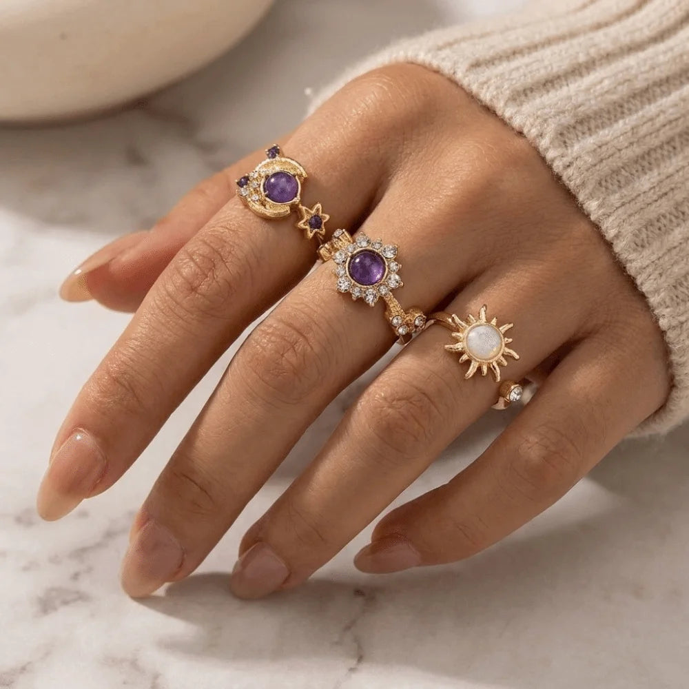 Vintage Gold Sun Moon Stackable Ring Set – 4pcs Purple Gem Stackable Ring Set PLUSH