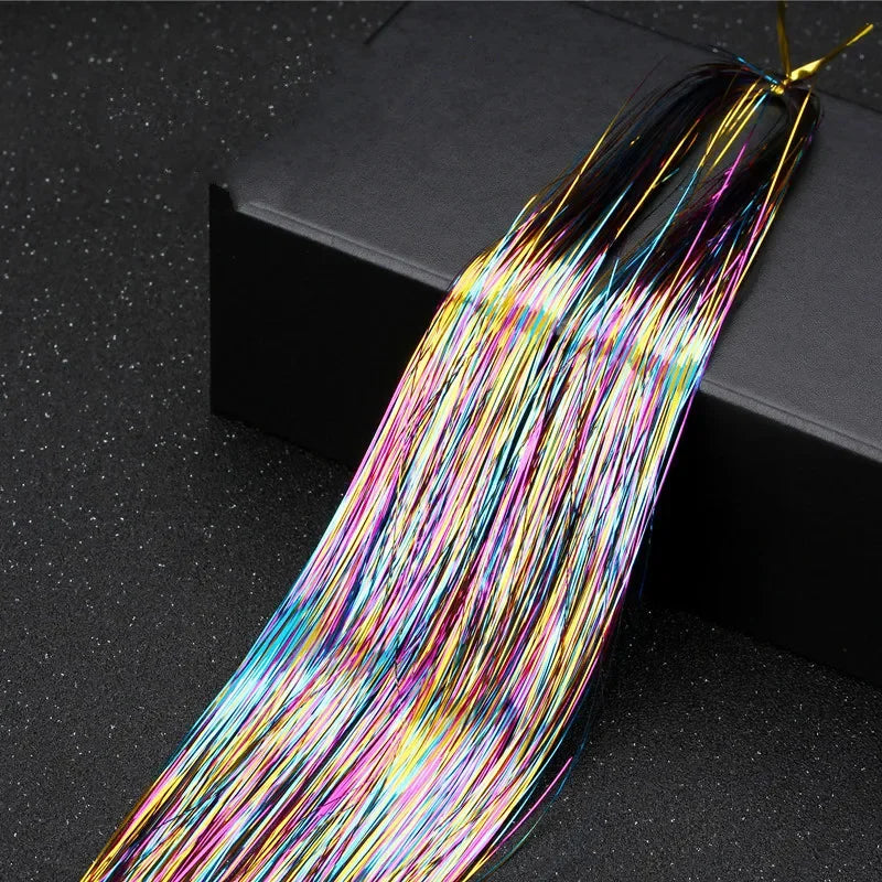 120 Strands Rainbow Hair Tinsel Sparkle Silk Extensions 100cm