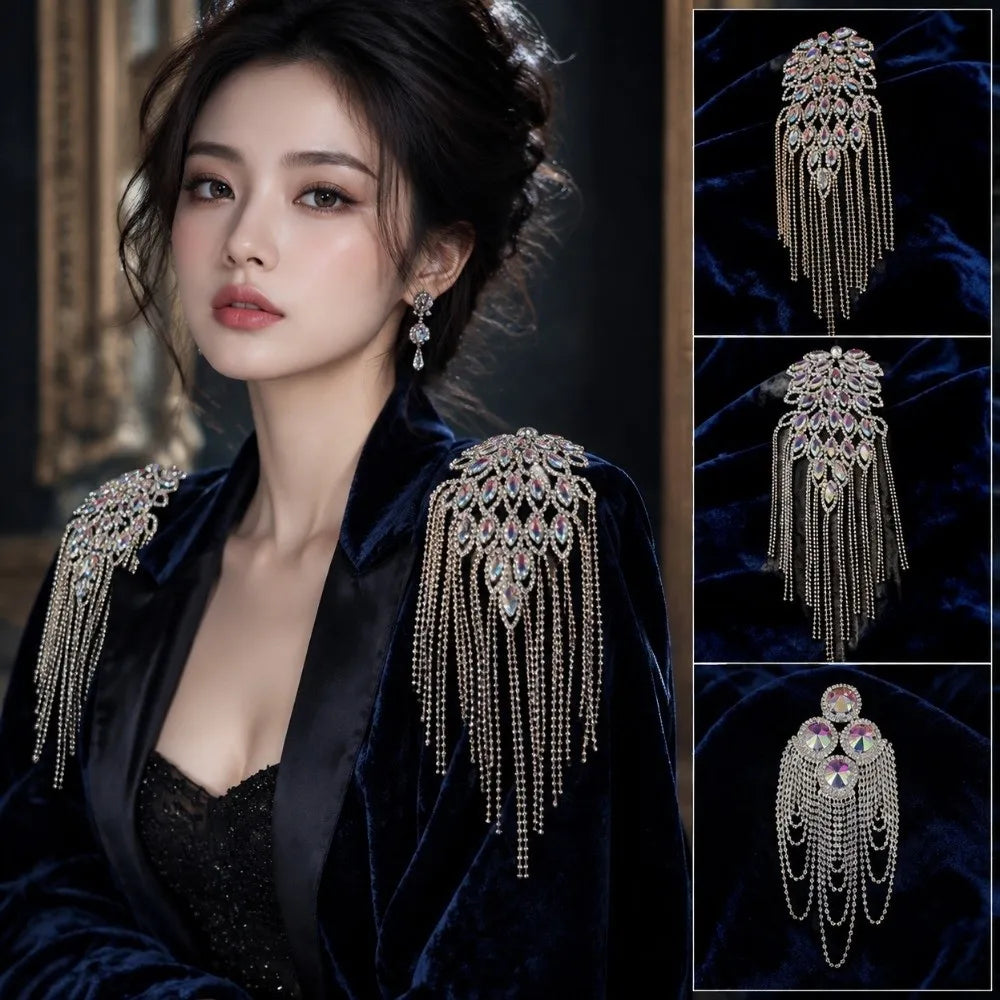 Vintage Peacock Tassel Epaulette Rhinestone Shoulder Brooch Shoulder Epaulette Brooch PLUSH