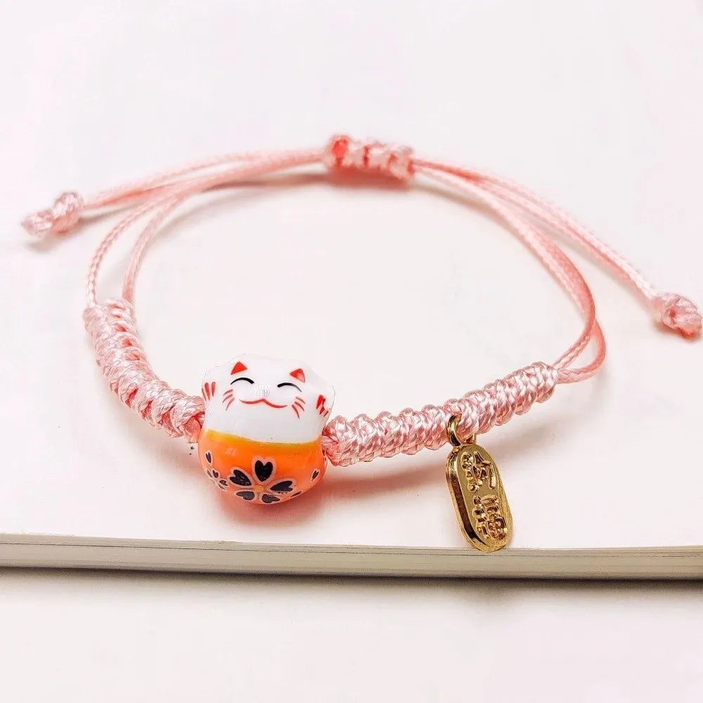 Ceramic Maneki Neko Charm Bracelet – Red Braided Rope Charm Bracelet PLUSH Orange