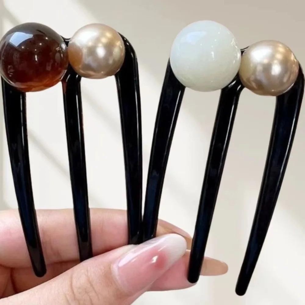 U-Shaped 3-Tooth Bead Hair Clip for Women – Coffee Updo Pin Bead Hair Clip PLUSH