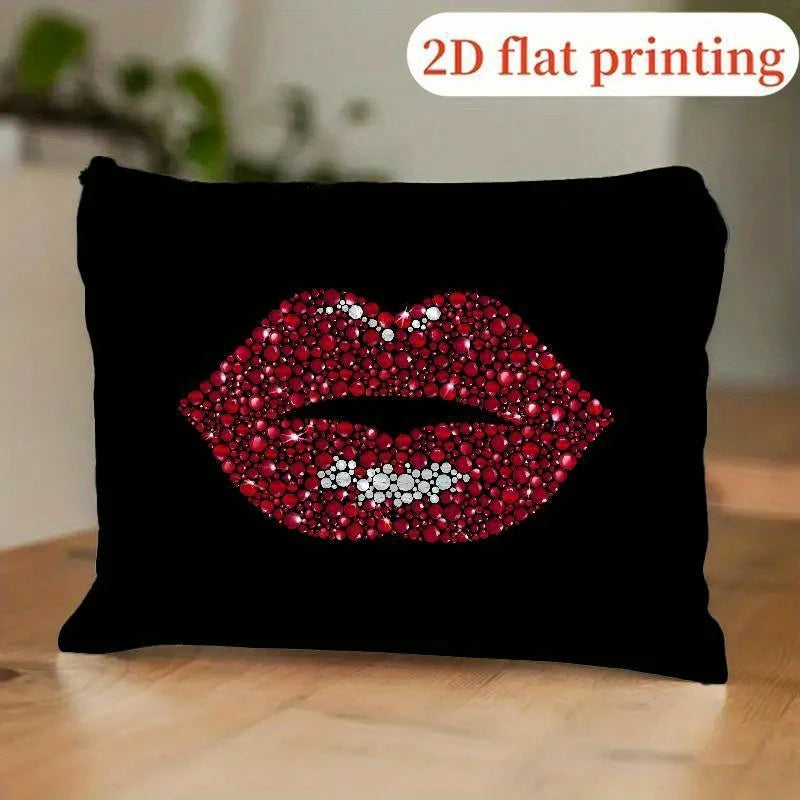 Red Sequin Lip Print Makeup Bag – Zipper Pouch for Women Makeup Cosmetic Bag PLUSH black