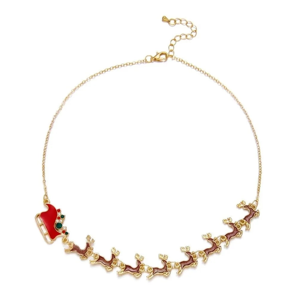 Christmas Sleigh Pendant Necklace – Enamel Rhinestone Choker Pendant Necklace PLUSH Necklace