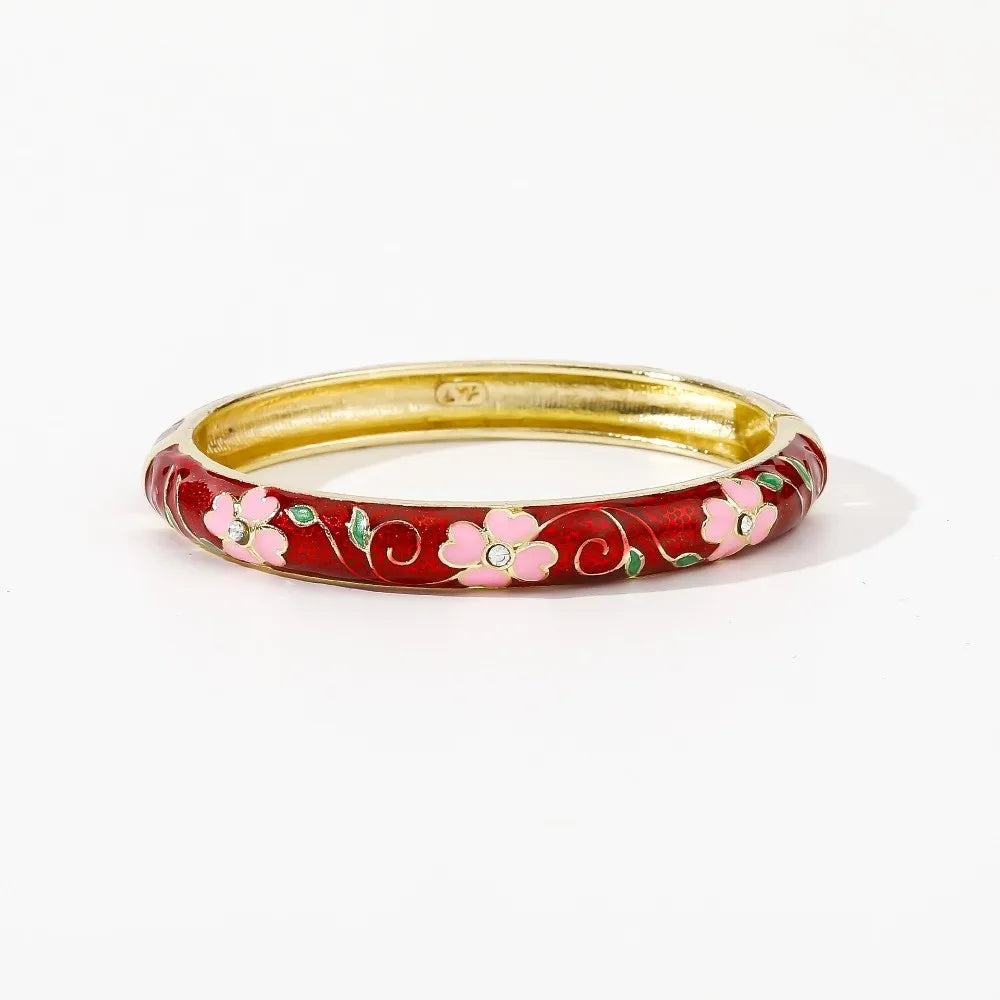 Enamel Cloisonné Cherry Blossom Bangle | Women's Vintage Bracelet Enamel Bangle Bracelet PLUSH Red Deep Pink