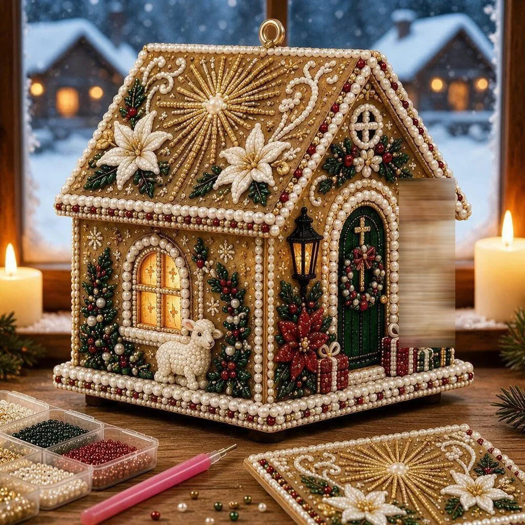 Wooden Christmas House Diamond Painting Set – 4-Sided Holiday Diamond Painting Kit PLUSH Christmas 4