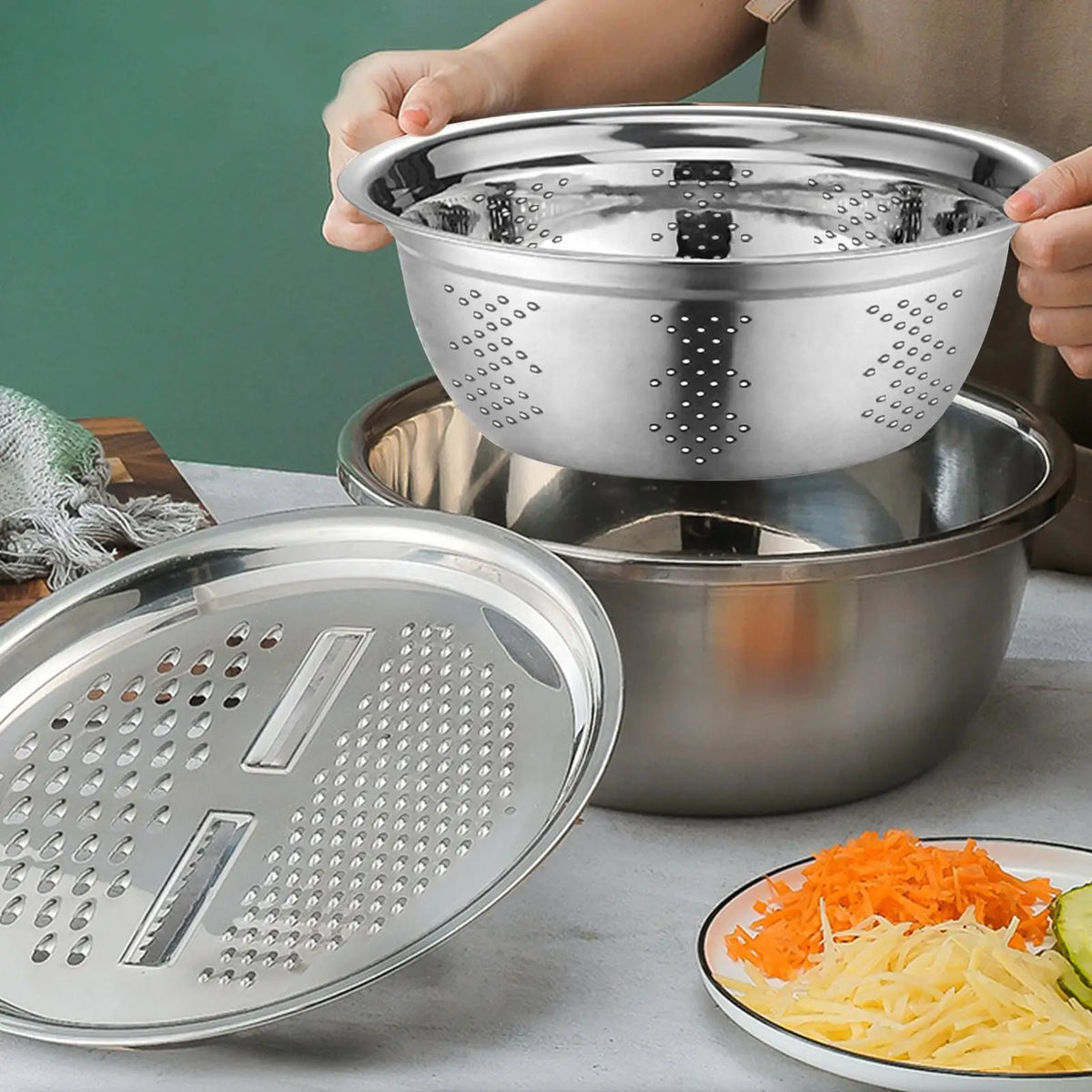 Stainless Steel 3-in-1 Mixing Bowl Set with Grater & Drain Basket Mixing Bowl Set PLUSH
