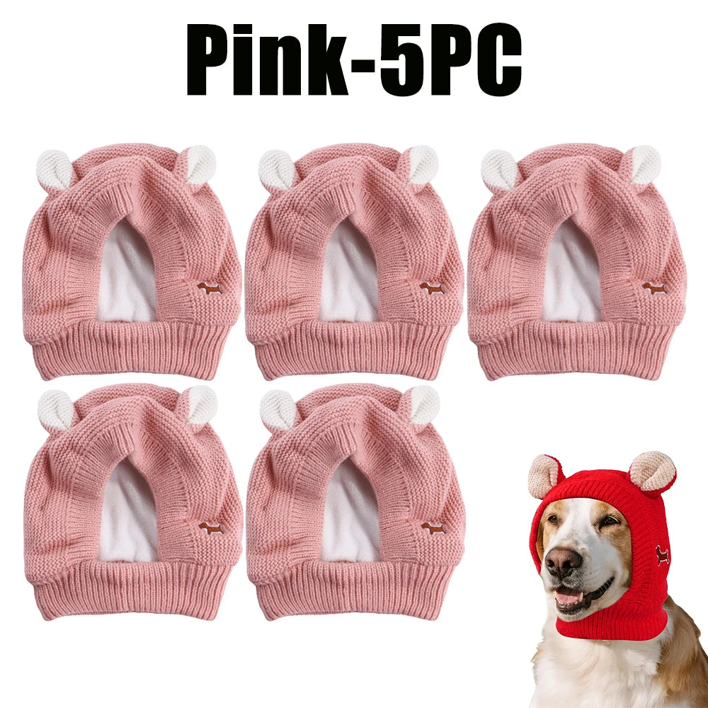 Winter Knitted Ear Muffs & Neck Warmer Hat for Dogs & Cats Pet Winter Hat PLUSH Pink-5PC
