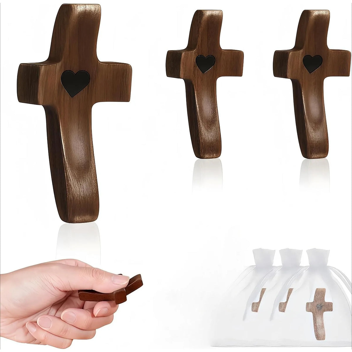 Handmade Wooden Pocket Cross 3pcs Set with Organza Bags | Gift Religious Wood Craft PLUSH
