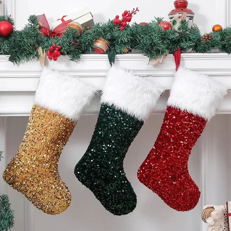 Large Flip Sequin Christmas Stockings – Fireplace Holiday Decor Christmas Stocking PLUSH