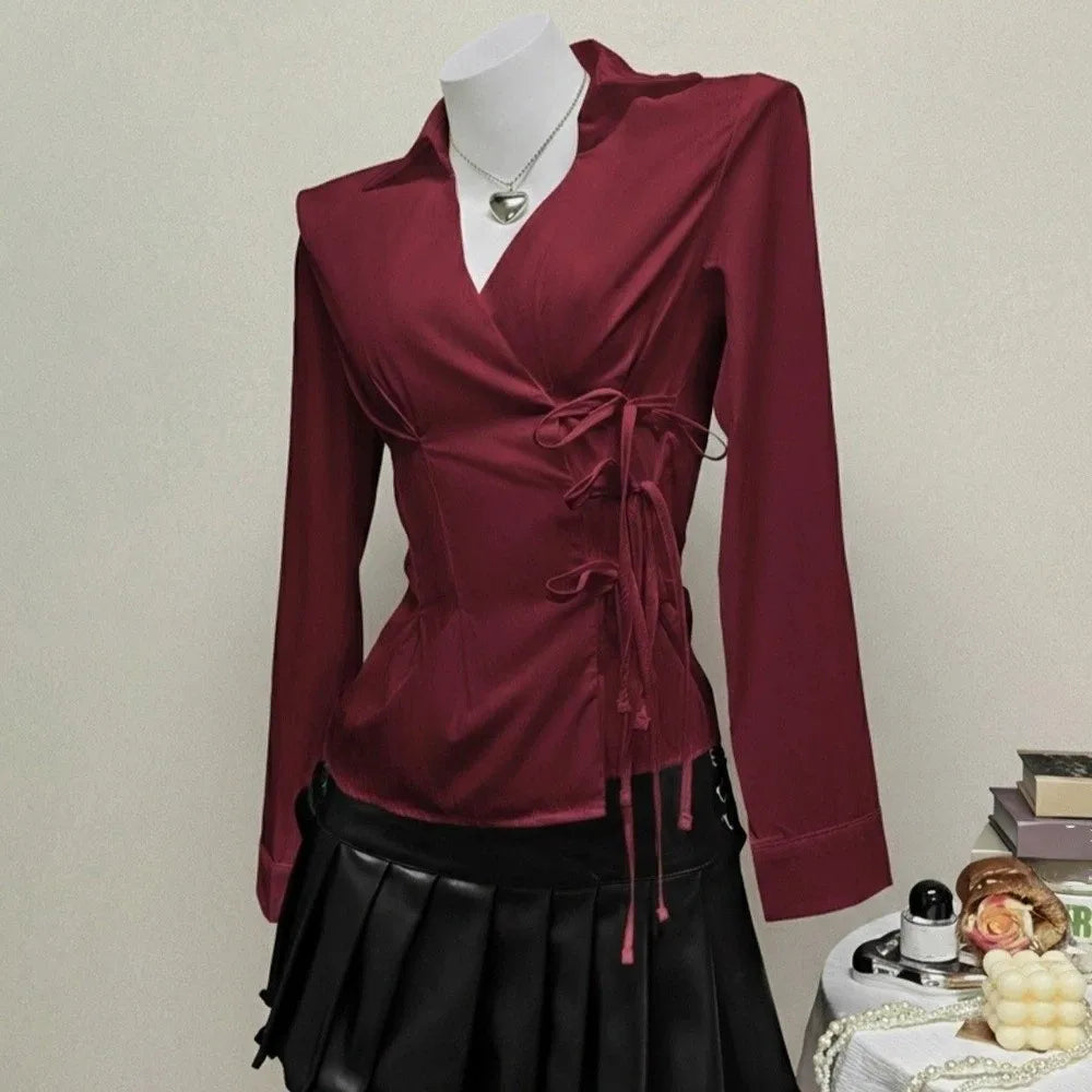 Women's Y2K V-Neck Tie-Waist Chiffon Blouse | Slim Fit Top Chiffon Blouse PLUSH