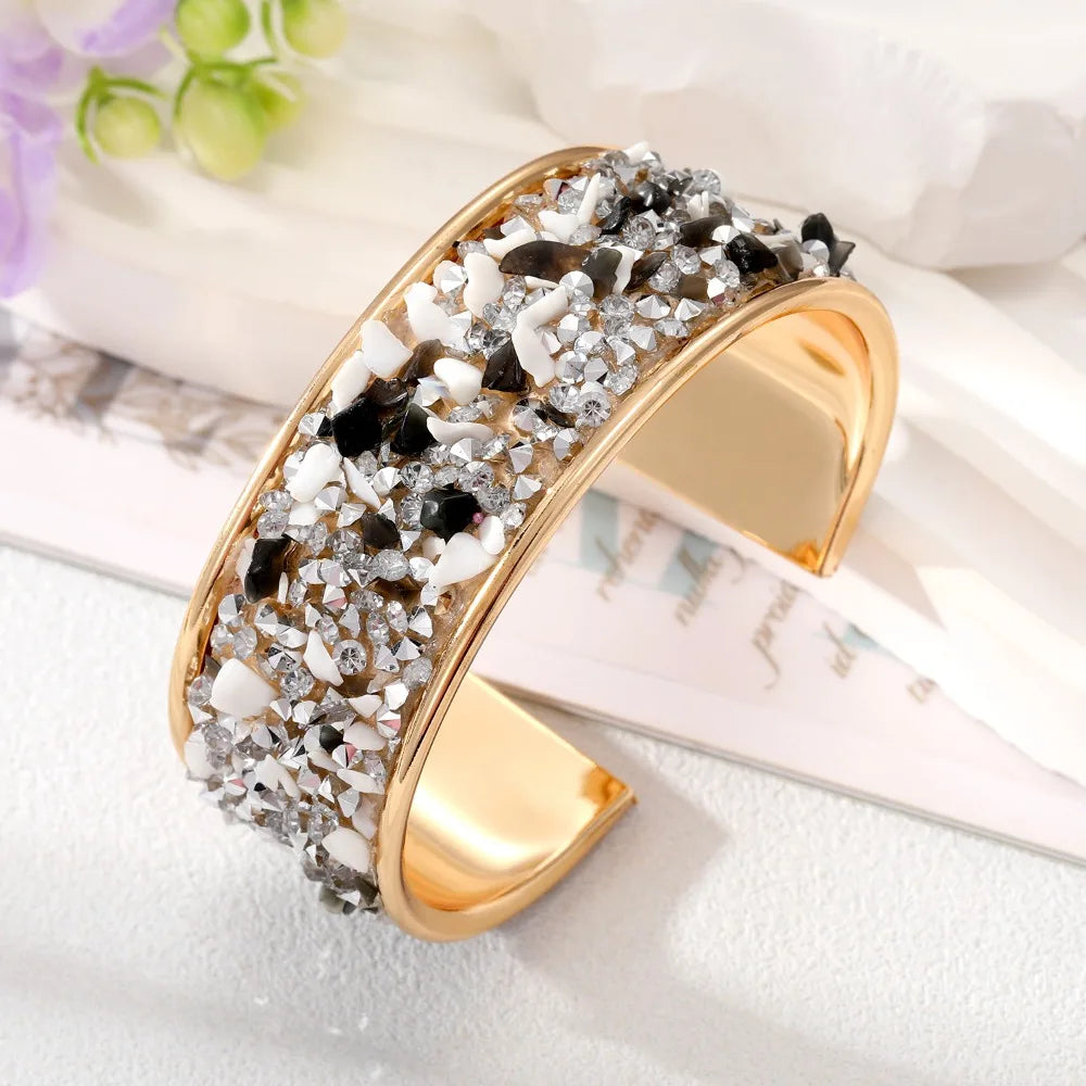 Bohemian Wide Open Cuff Bangle – Rhinestone Stone Bracelet Cuff Bangle Bracelet PLUSH Black White
