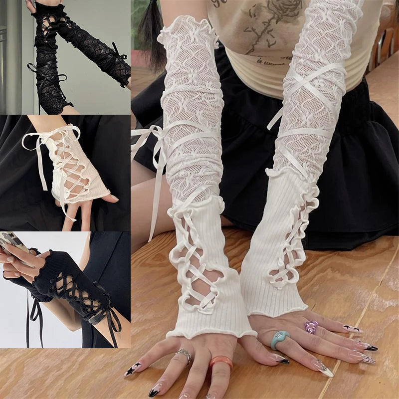 Lolita Lace Fingerless Arm Sleeves – Elastic Mesh Punk Gloves Lace Arm Sleeves PLUSH