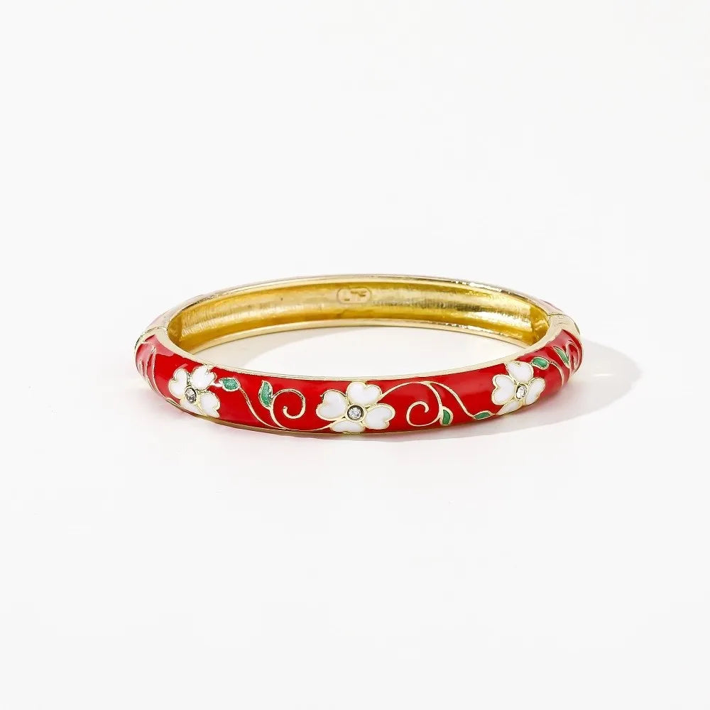 Enamel Cloisonné Cherry Blossom Bangle | Women's Vintage Bracelet Enamel Bangle Bracelet PLUSH Red White
