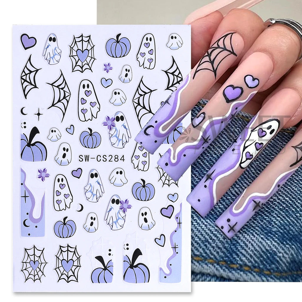 6pcs Halloween Nail Art Stickers – Pumpkin Spider Web Ghost Decals Nail Art Stickers PLUSH
