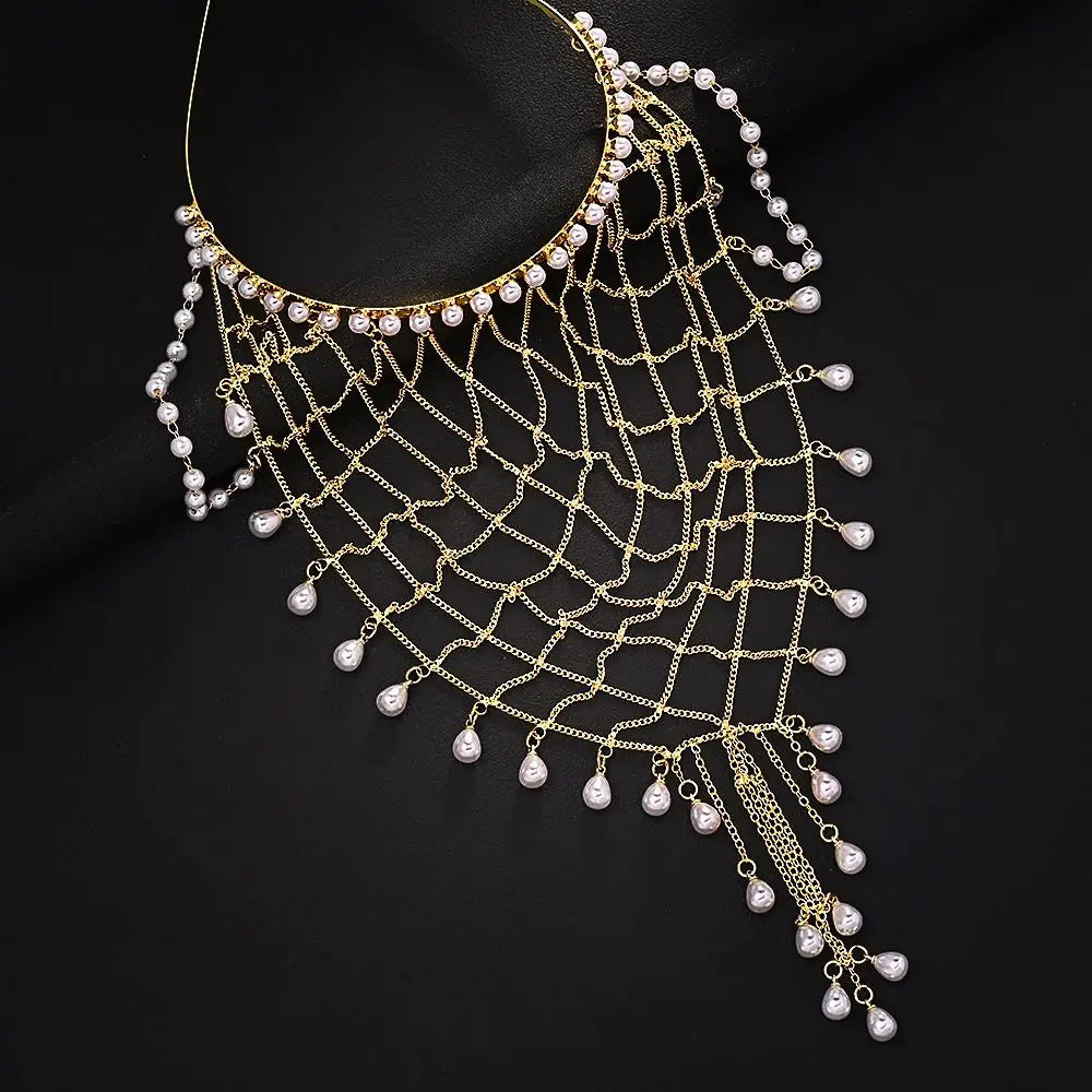 Pearl Hair Chain Draped Beaded Tassel Head Jewelry – Gold/Silver Pearl Hair Headpiece PLUSH