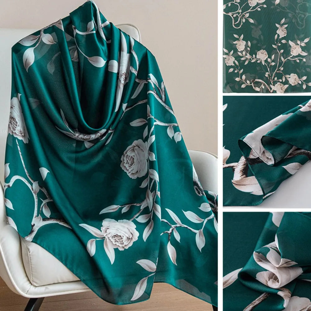 Women's Silk Chiffon Scarf – Lotus Print Shawl Wrap | 180cm Silk Chiffon Scarf PLUSH Style4