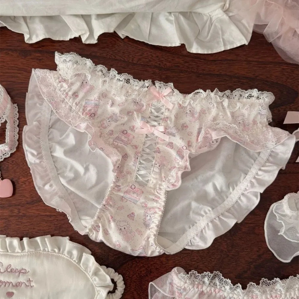 Kawaii Lace Bow Ruffle Briefs – Low Rise Cotton Crotch Women's Briefs PLUSH Style C 1XL 1pc