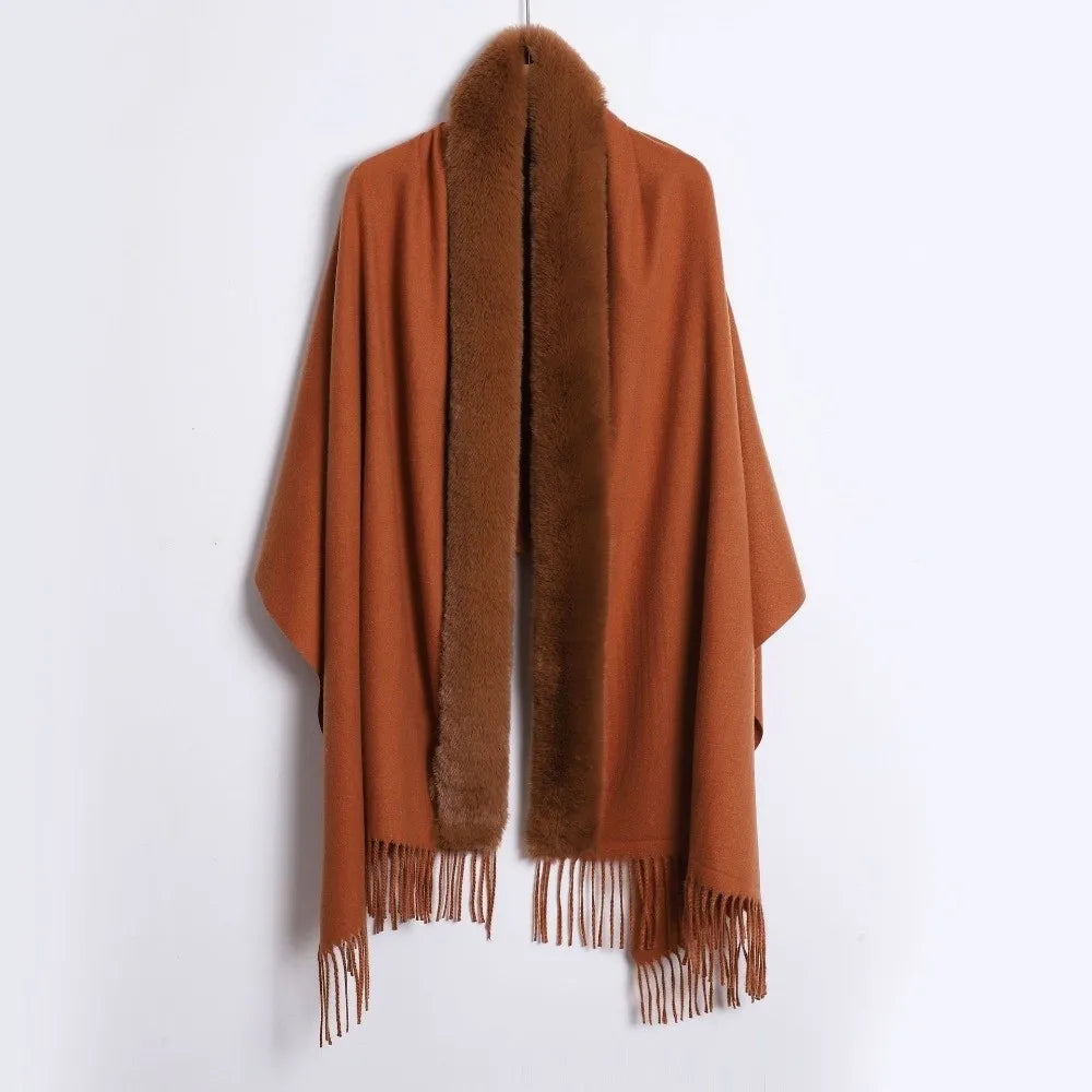 Women's Oversized Faux Fur Collar Shawl Wrap Cape Poncho Faux Fur Shawl Wrap PLUSH