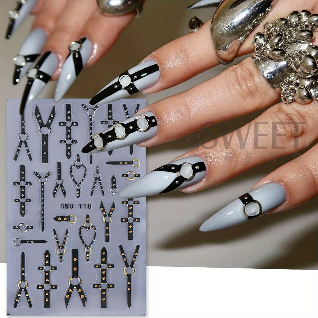 3D Matte Black Punk Belt Nail Stickers Gold Silver Decals 2pcs Nail Art Stickers PLUSH