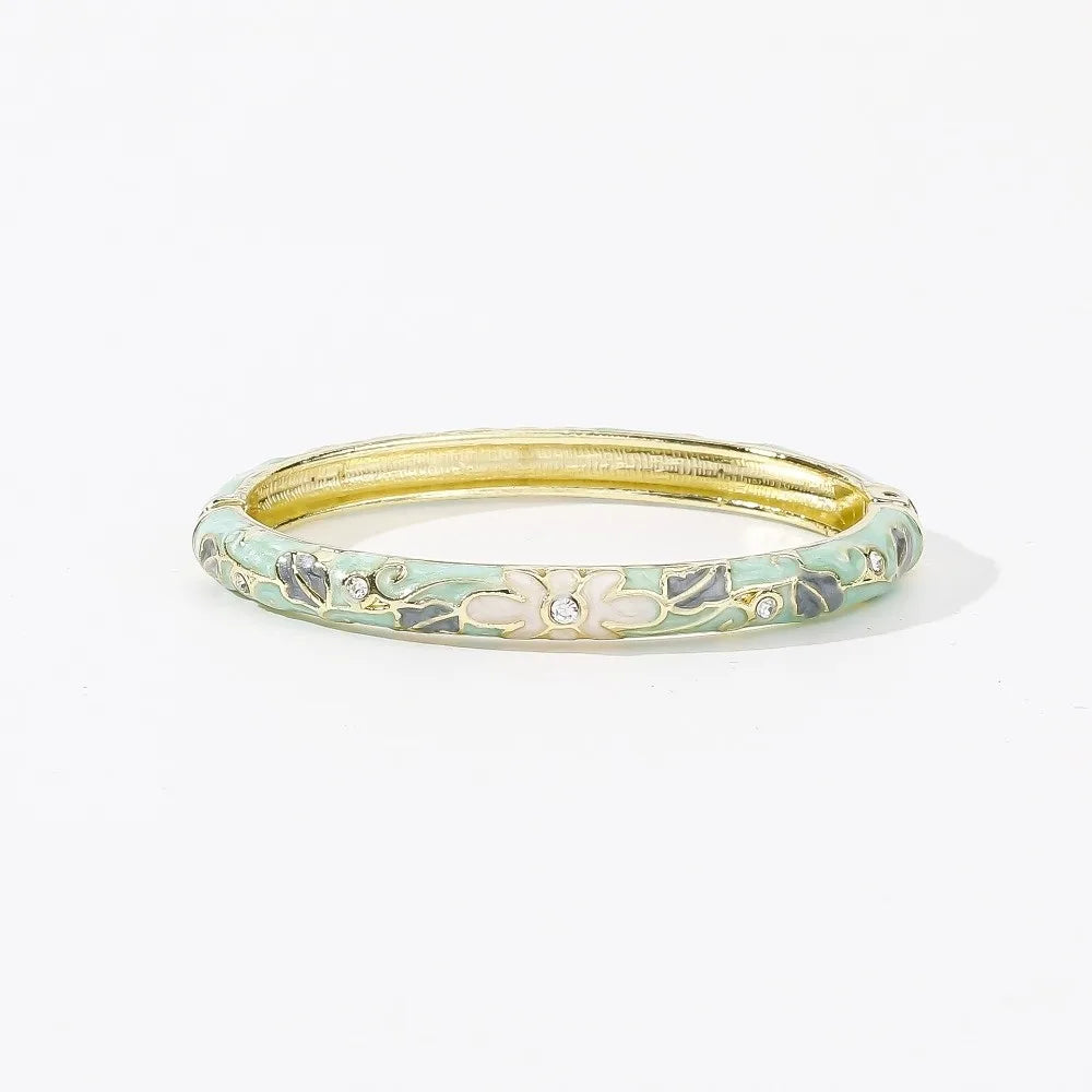 Enamel Cloisonné Bangle – Vintage Chinese Flower Bracelet Enamel Bangle PLUSH Green Beige Grey