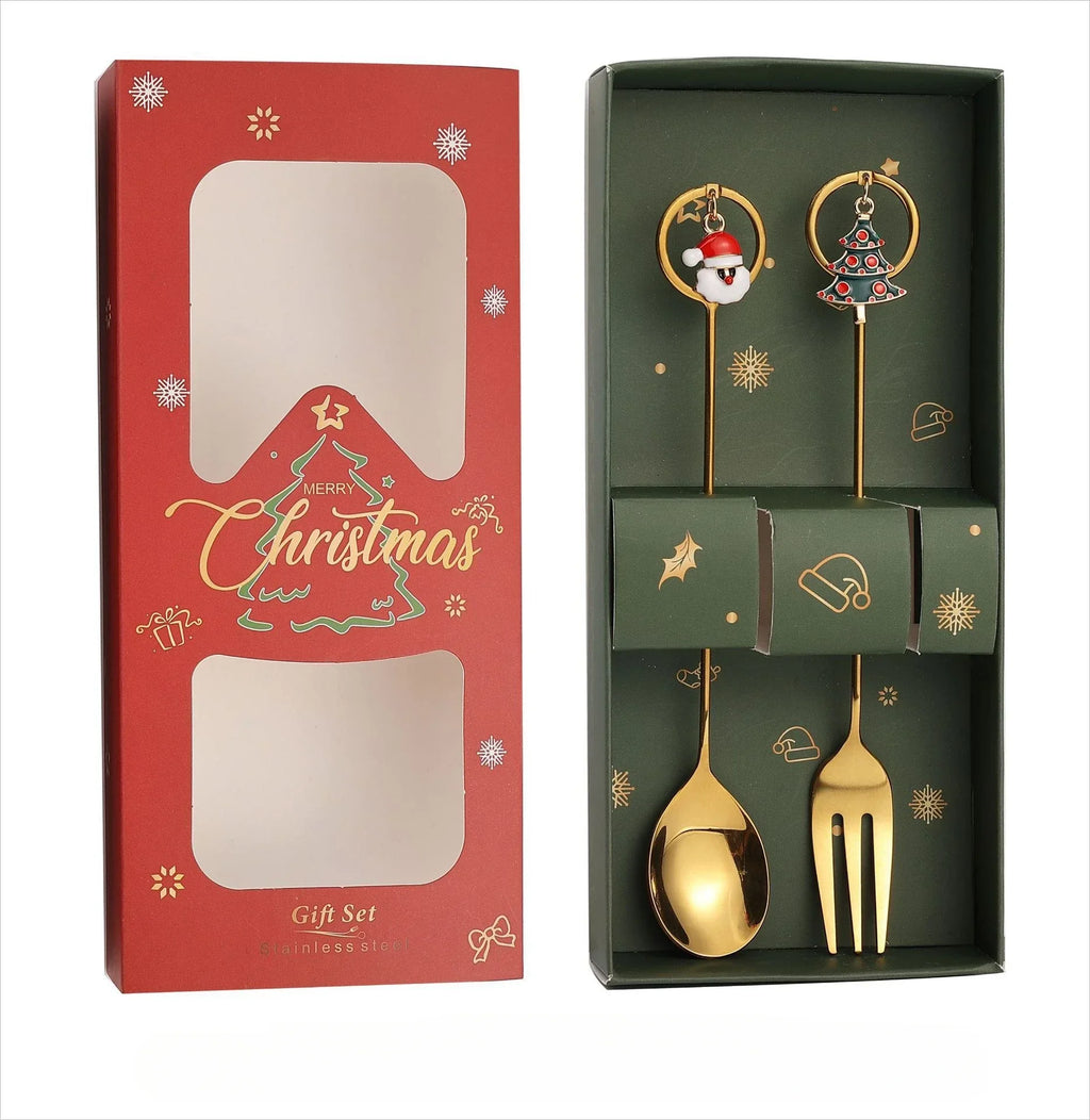 Santa Spoon & Fork Set – Christmas Holiday Dessert Tableware Holiday Flatware Set PLUSH Style C 1Set