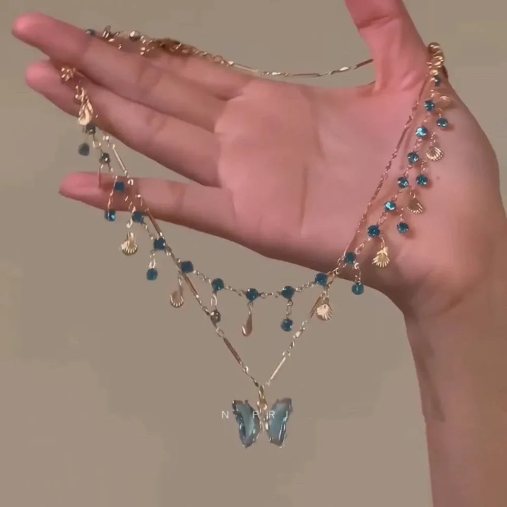 Zircon Butterfly Choker Necklace – Double Layer Rhinestone Tassel Choker Necklace PLUSH Blue