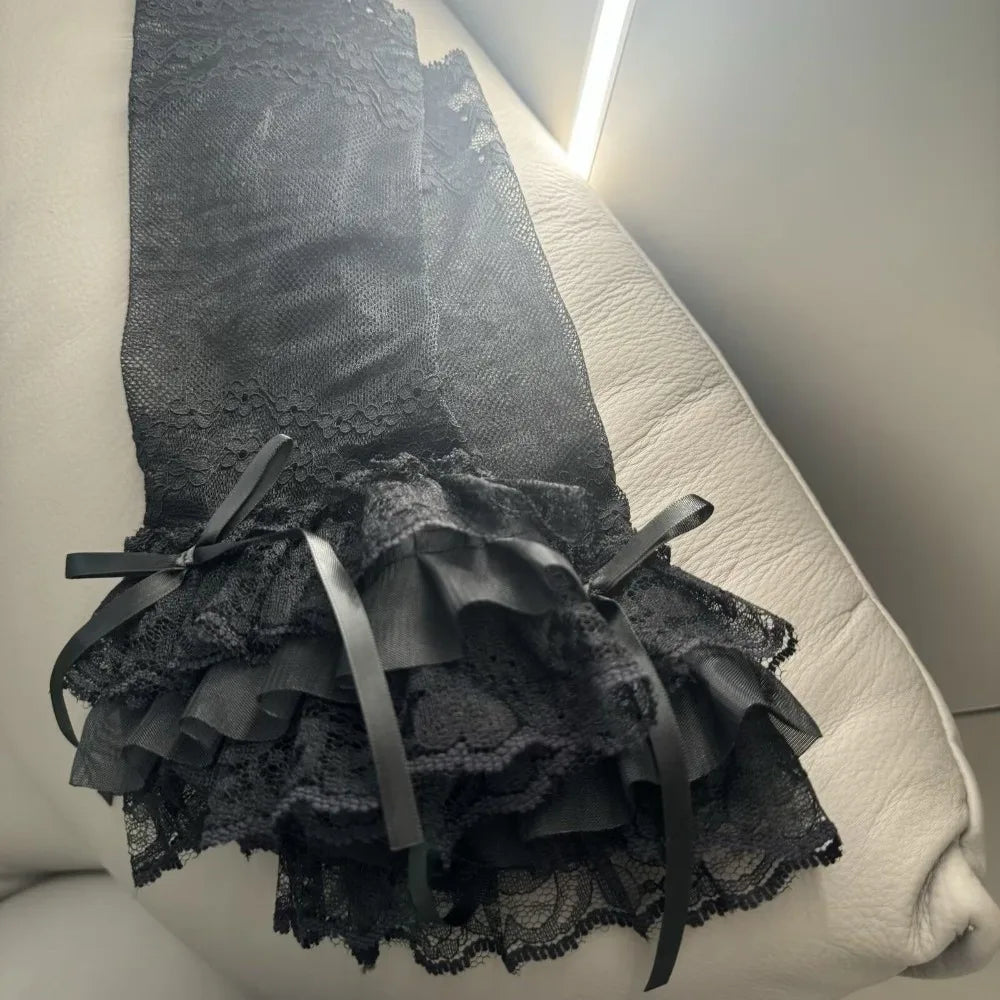 Ruffled Mesh Fingerless Gloves Bowknot Sheer Lolita Cosplay Fingerless Fashion Gloves PLUSH Black