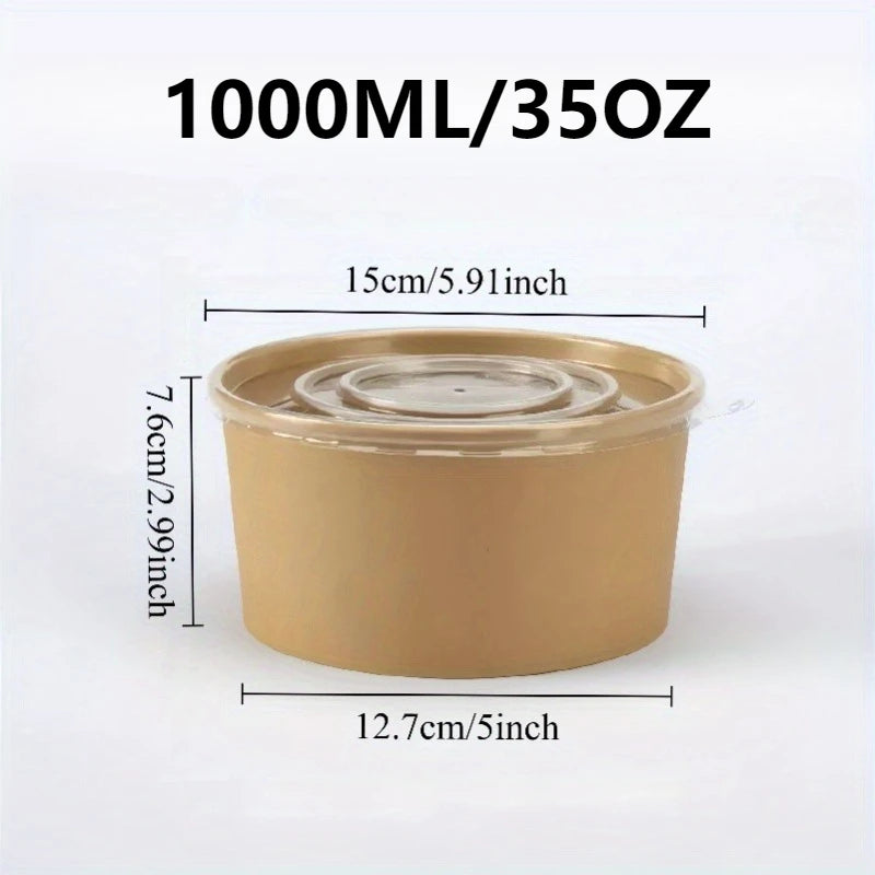 Kraft Paper Round Bowls with Lids – Disposable Bento Box Disposable Food Containers PLUSH 1000ML-35OZ 20PCS