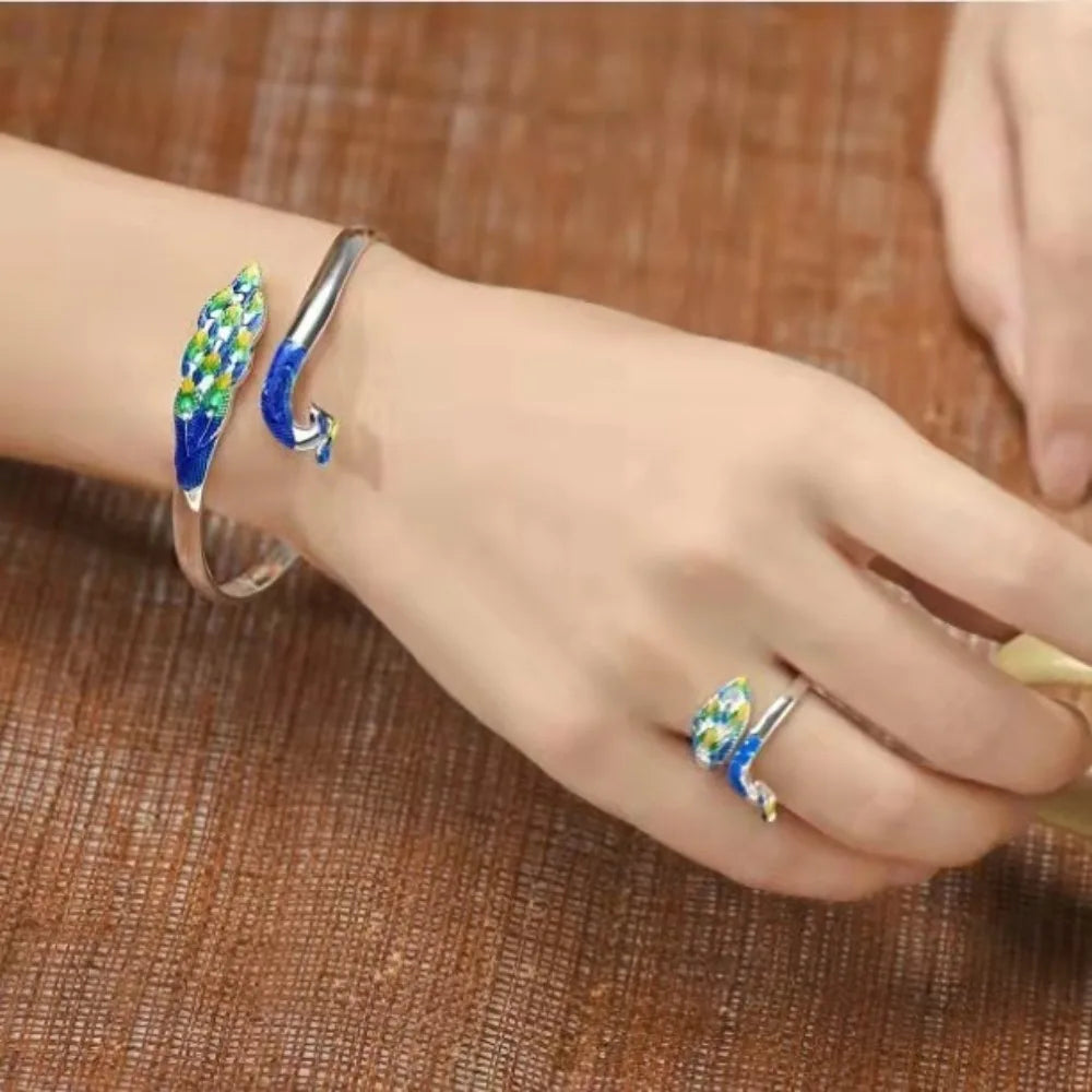 Hollow Peacock Enamel Bangle – Vintage Chinese Style Bracelet Enamel Cuff Bracelet PLUSH