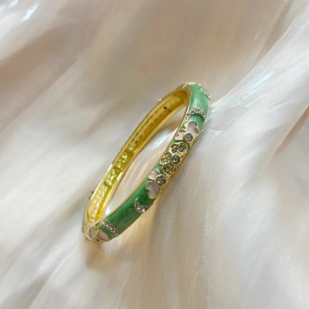 Colorful Cloisonne Enamel Bangle – Vintage Rhinestone Bracelet Enamel Bangle PLUSH Green