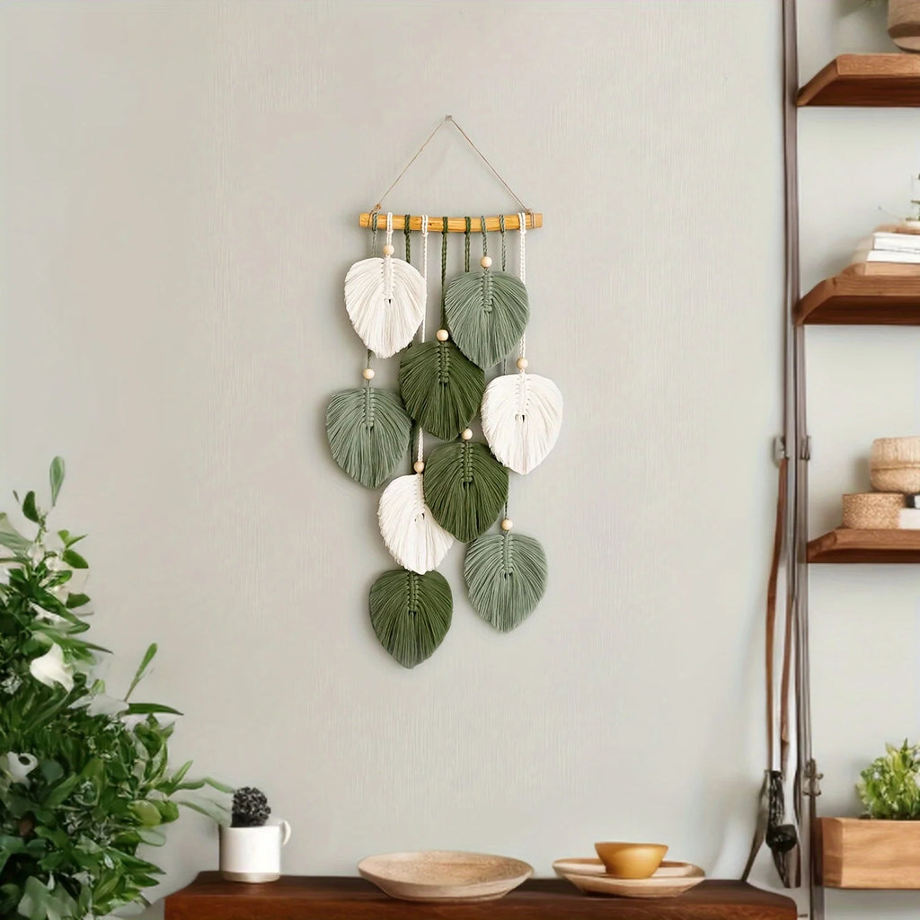 Bohemian Handwoven Wall Tapestry – Green Leaf Design Wall Hanging Tapestry PLUSH