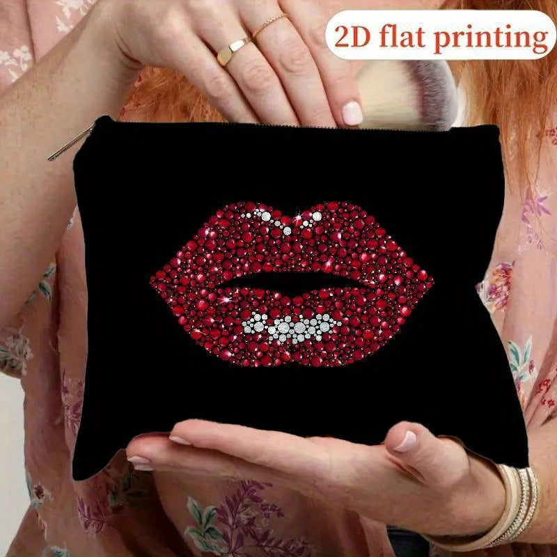 Red Sequin Lip Print Makeup Bag – Zipper Pouch for Women Makeup Cosmetic Bag PLUSH