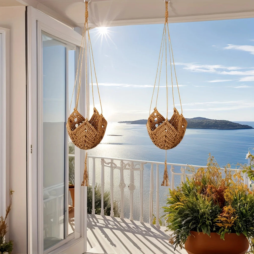 Boho Macrame Jute Hanging Planter Basket – 3 to 12 Inch Pots Hanging Planter Basket PLUSH 2 pcs
