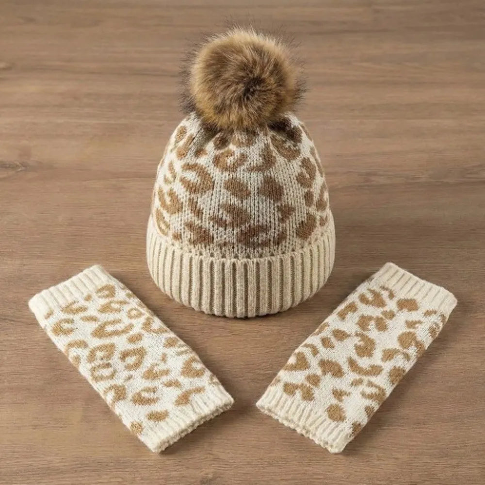 Women's Leopard Print Knit Beanie & Mittens Set – 2 Pcs Beanie & Mittens Set PLUSH