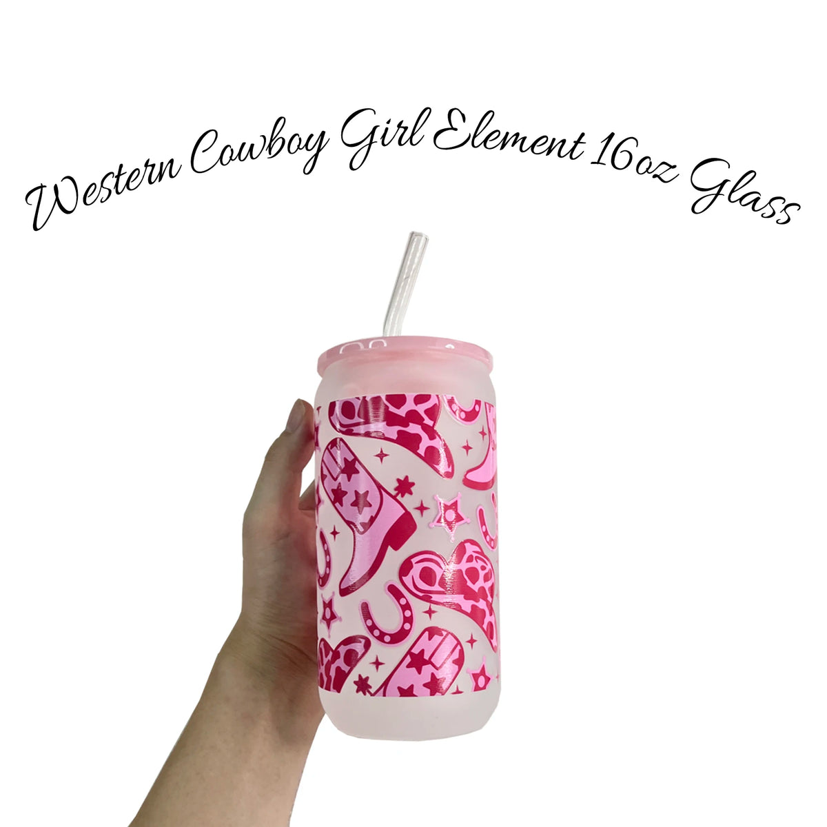 Western Cowgirl 16 oz Glass Cup with Straw, Lid & Brush Glass Drinkware Set PLUSH