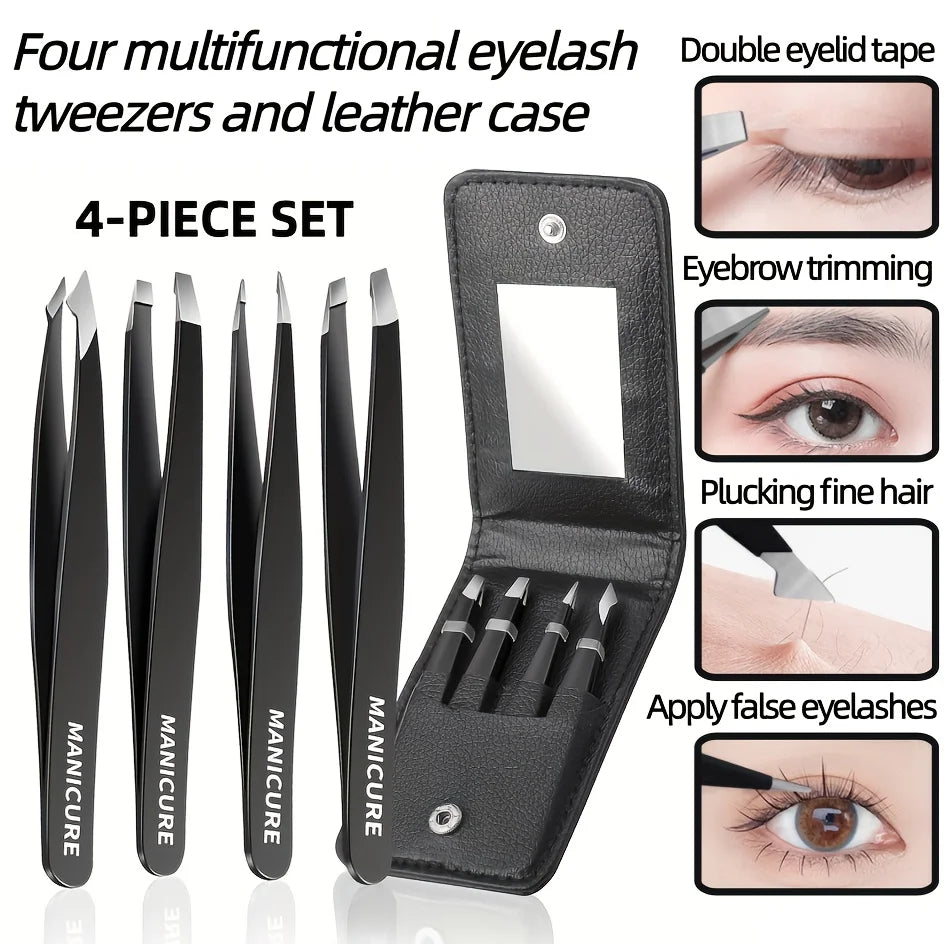 Ouriner 4-Piece Stainless Steel Eyebrow Tweezer Set with Case Eyebrow Tweezer Set PLUSH