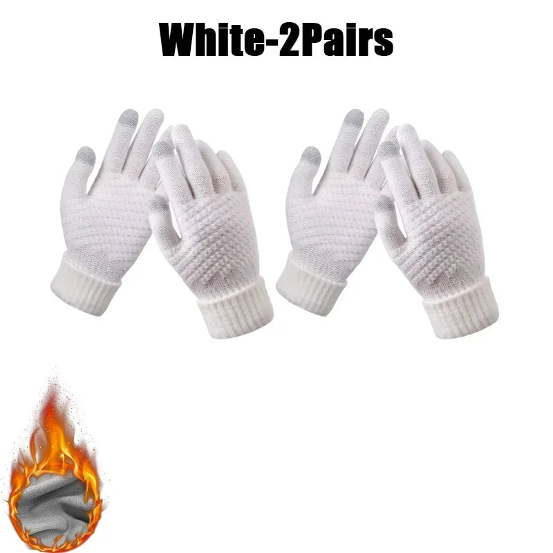 Winter Touch Screen Gloves – Warm Knit Mittens Unisex Winter Knit Gloves PLUSH White-2Pairs