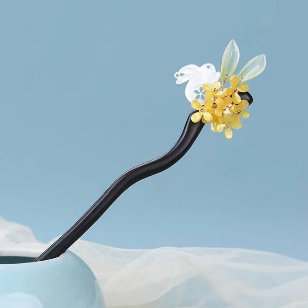 Wooden Chinese Hair Stick Vintage Flower Tassel Hairpin Fork Hair Stick Hairpin PLUSH Style 1
