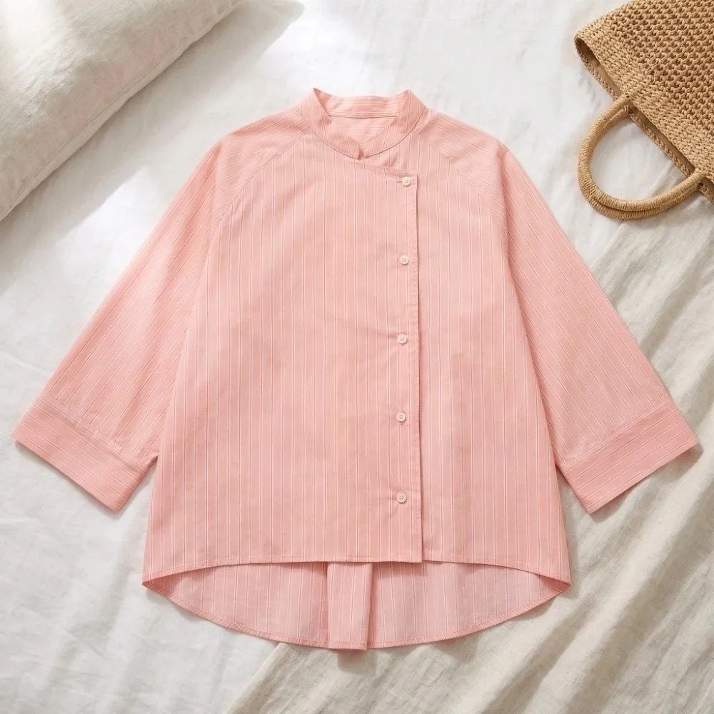 Women's Striped Loose Blouse – Asymmetric Button Top Mid Sleeve Casual Striped Blouse PLUSH