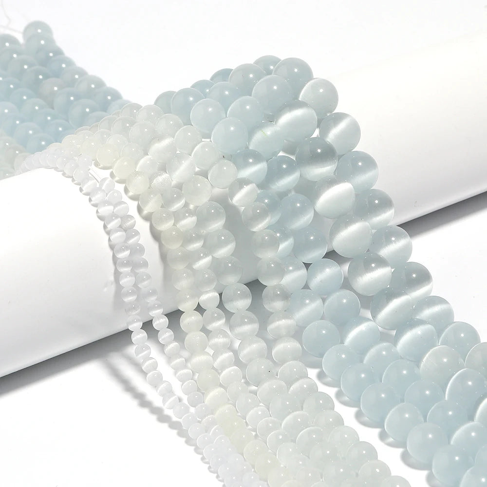 White Cat Eye Round Stone Beads 4–12mm | DIY Jewelry Natural Stone Beads PLUSH