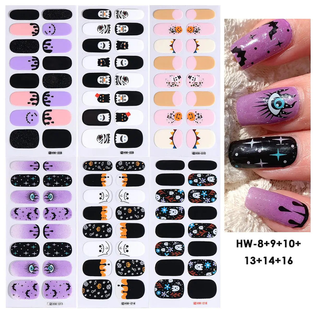 Halloween Gel Nail Strips | Black Cat Ghost Pumpkin Bat – 6pc Gel Nail Strips PLUSH HW-8 9 10 13 14 16