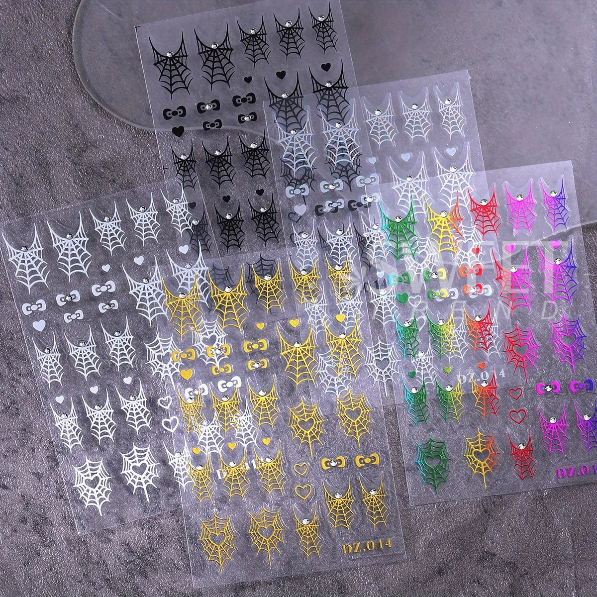 Halloween Spider Web Nail Decals – 5pcs Rhinestone Stickers Nail Art Stickers PLUSH