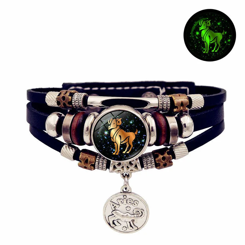 Luminous Zodiac Leather Bracelet – Glow in Dark | All 12 Signs Charm Bracelet PLUSH Aries