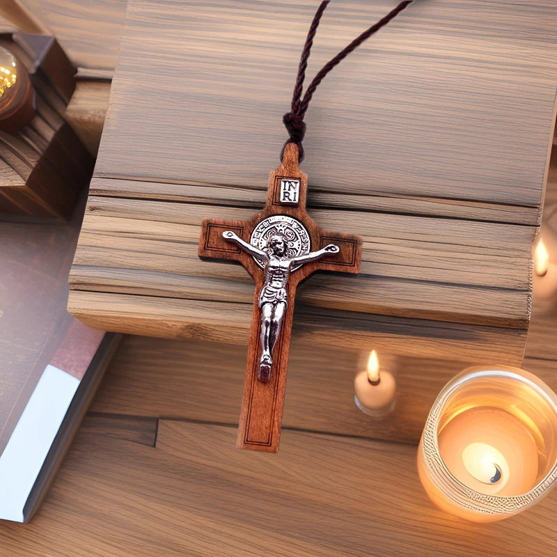 Wood & Metal Cross Necklace – Unisex Christian Faith Gift Cross Pendant Necklace PLUSH