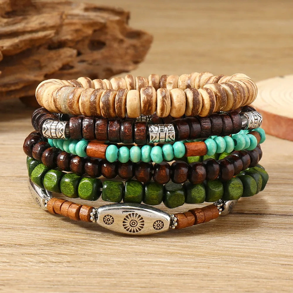 Boho Wooden Bead Bracelet Set – Handmade Stretch Multi-Layer Beaded Bracelet Set PLUSH Style C