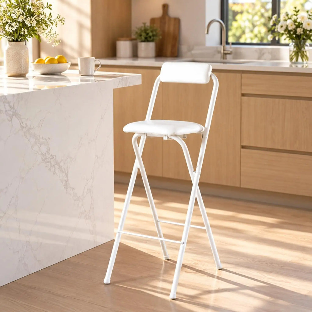 White Faux Leather Foldable Bar Stool | High Counter Chair Foldable Bar Stool PLUSH