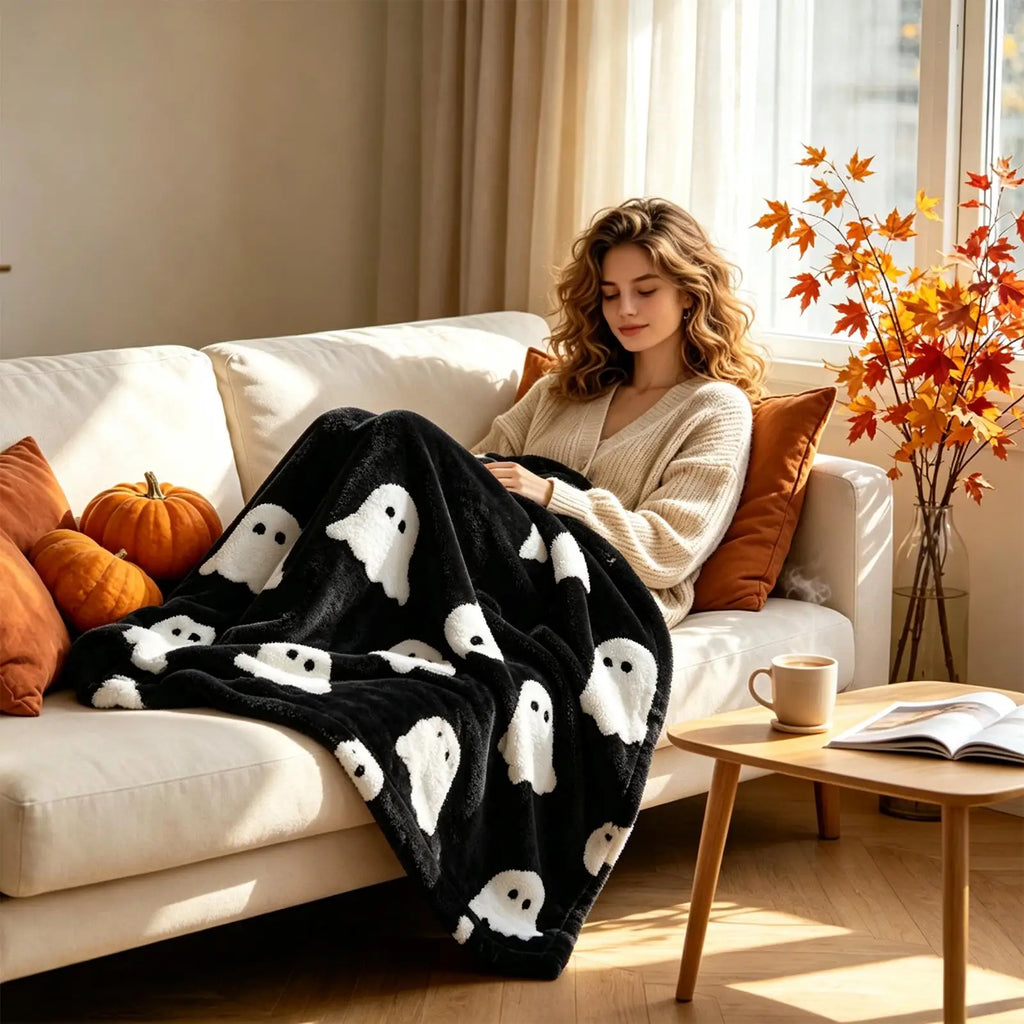 Halloween Pumpkin & Ghost Flannel Throw Blanket | Festive Decor Flannel Throw Blanket PLUSH