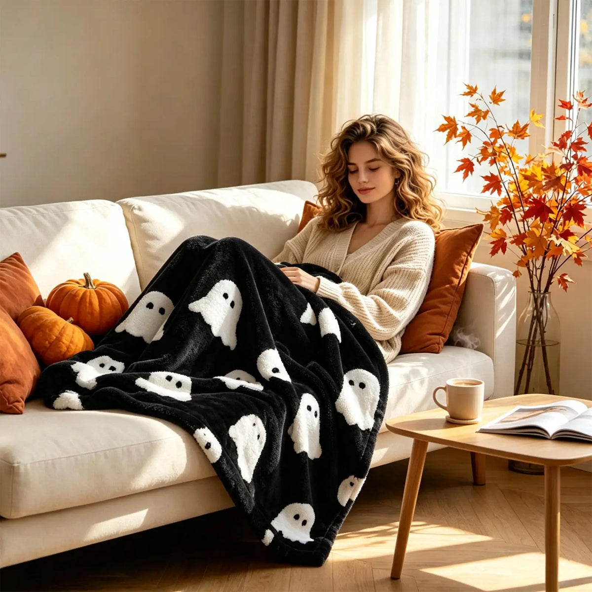 Halloween Pumpkin & Ghost Flannel Throw Blanket | Festive Decor Flannel Throw Blanket PLUSH