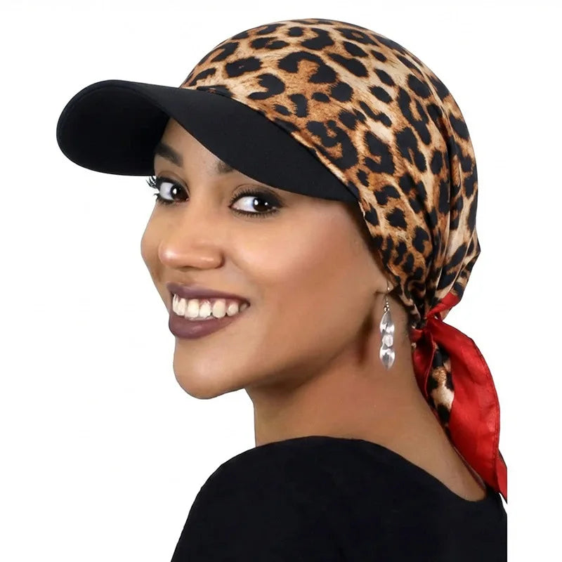Women's Bandana Visor Hat Self-Tie Headscarf Beach Cap Visor Headscarf Hat PLUSH Leopard print with b One Size